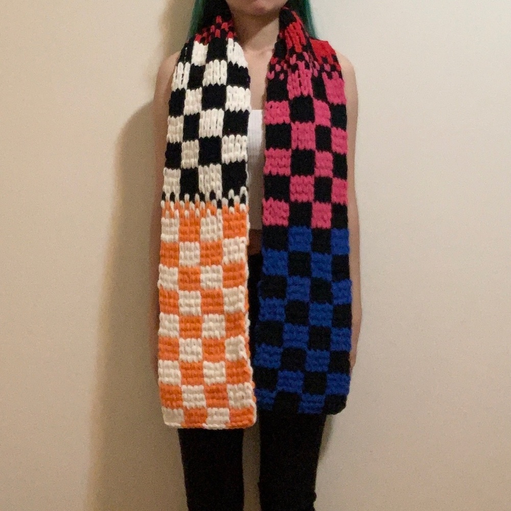 Handknit Black White Red Pink Blue Orange Checkered Knit Scarf Handmade Y2k
